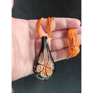 Artisan Orange and Brown Floral Glass Adjustable Pendant Necklace Vintage